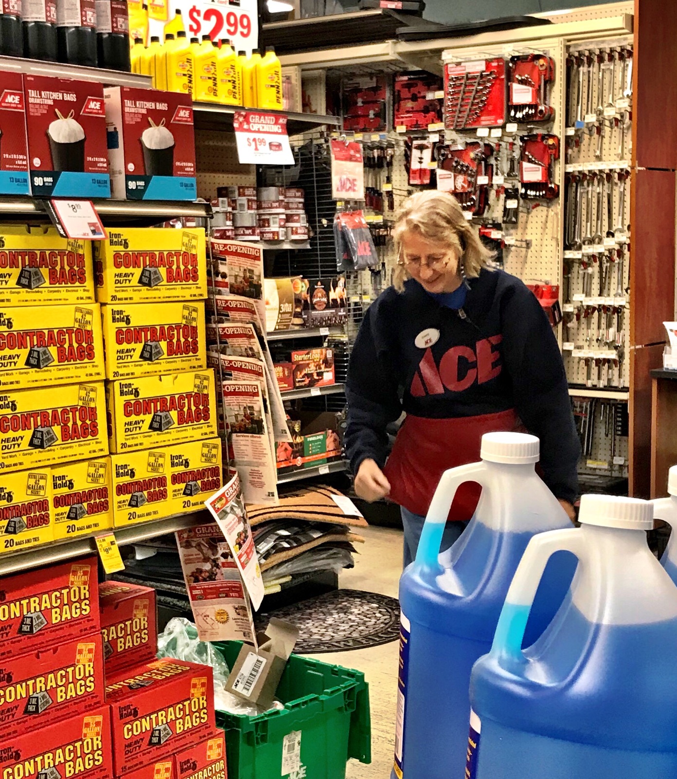 Eunice getting our sale items stocked